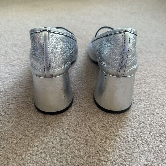 Khaite Lorimer Crinkled Leather Metallic Mary Jane Pumps Silver Size 37 - Picture 7 of 10